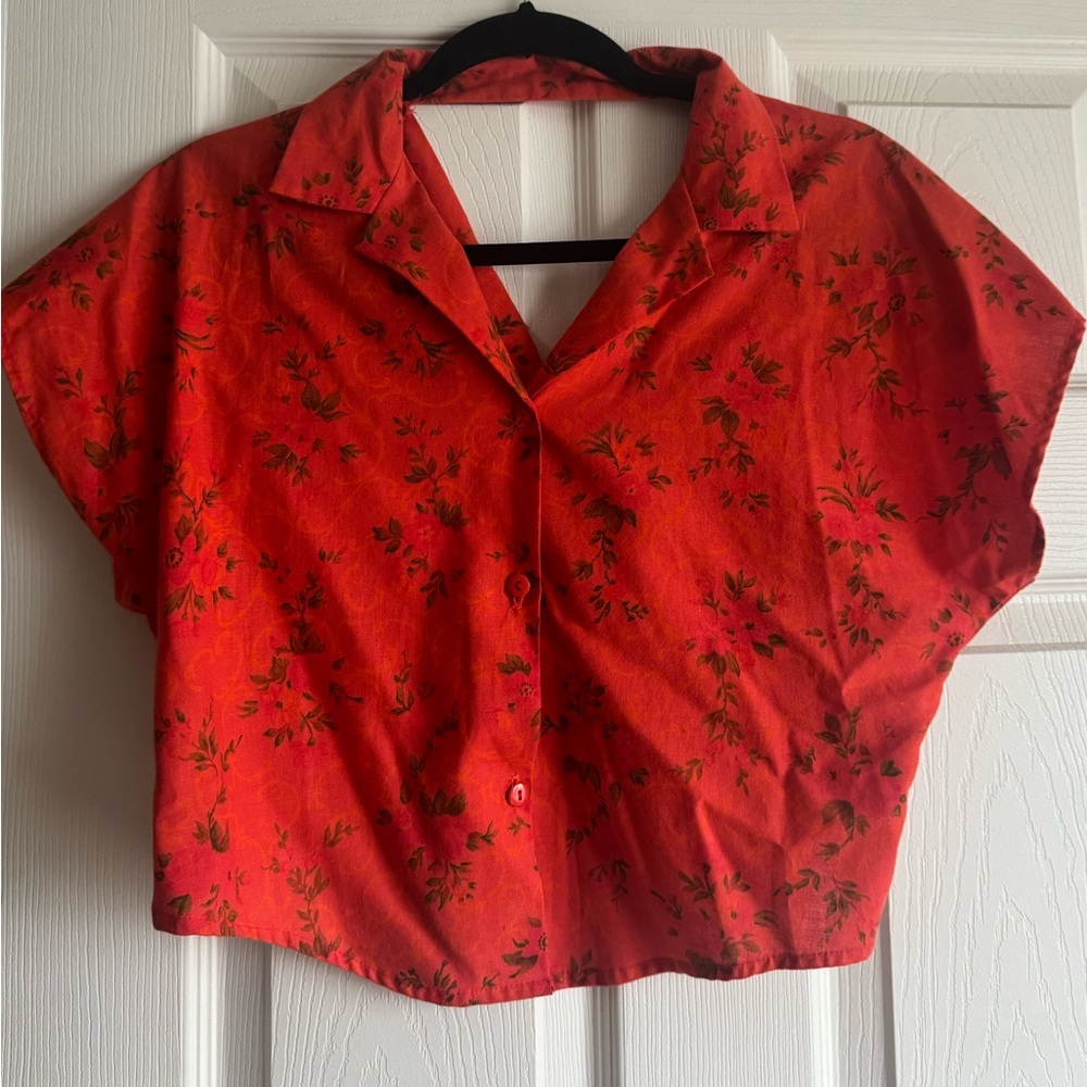 Floral Red Button-Up Women's Top
